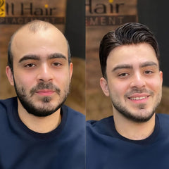 Peluca para hombre Q6 con encaje francés, parte frontal, fina, de cuero, lateral y trasera + soporte portátil gratis