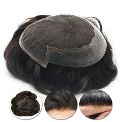Peluca para hombre Q6 con encaje francés, parte frontal, fina, de cuero, lateral y trasera + soporte portátil gratis